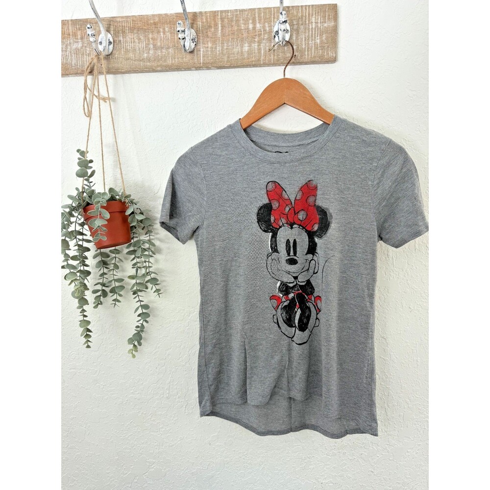DISNEY Minnie Mouse Women’s Gray Polka Dot Bow Graphic Tee T-shirt (X-SMALL)